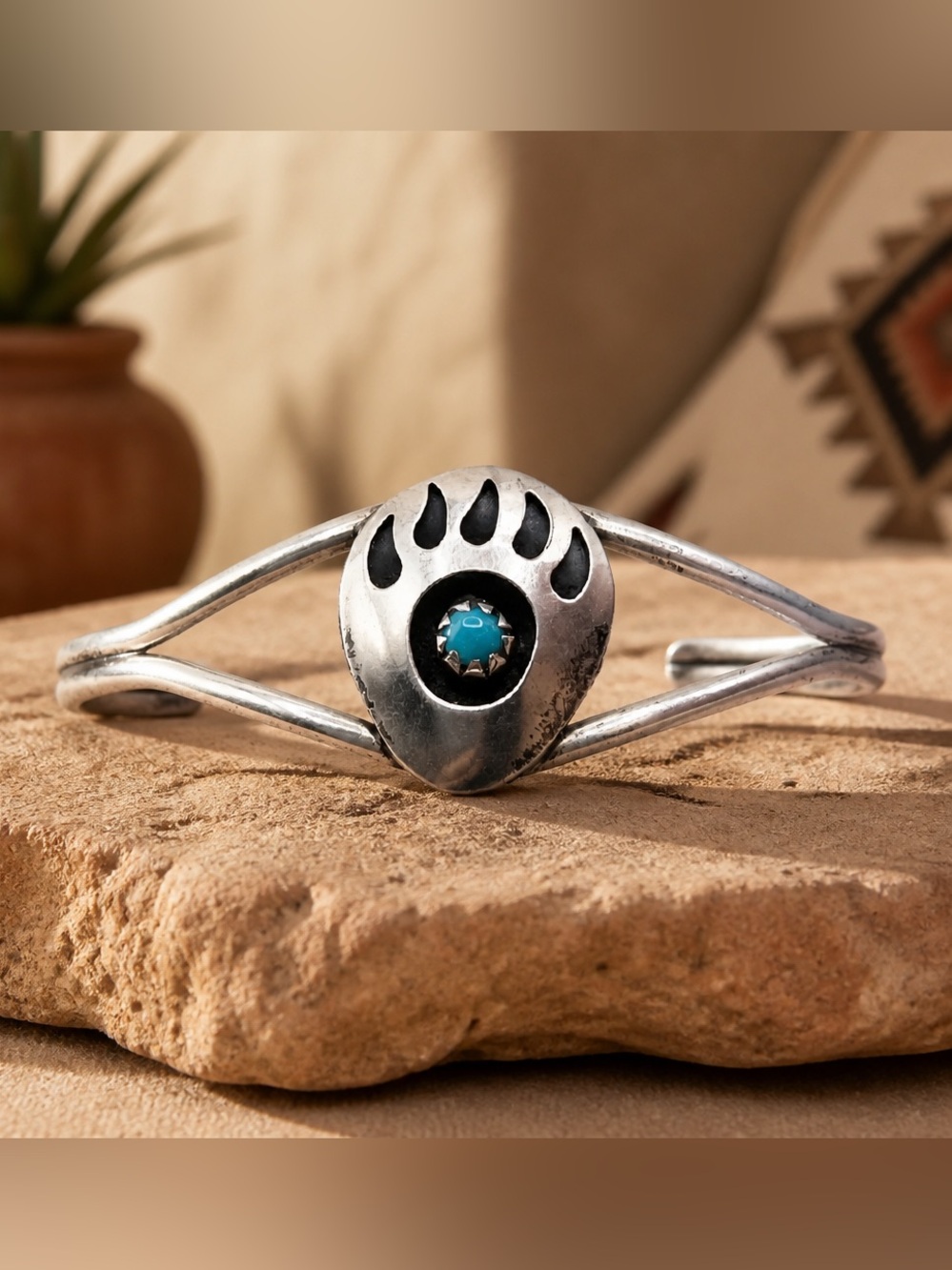 Sterling Silver Bear Paw Cuff Bracelet with Turquoise Accent